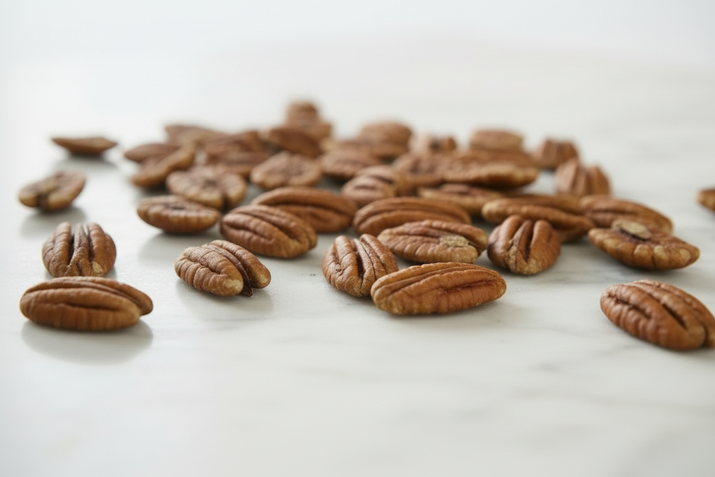 Noci pecan sgusciate su marmo bianco