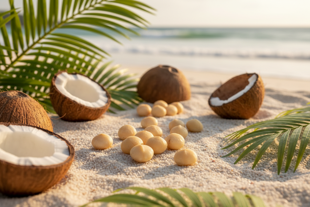 Noci macadamia sgusciate in contesto tropicale con cocco e foglie di palma