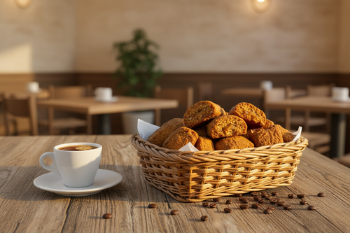 Biscotti cegliesi in cestino con sfondo pausa caffè