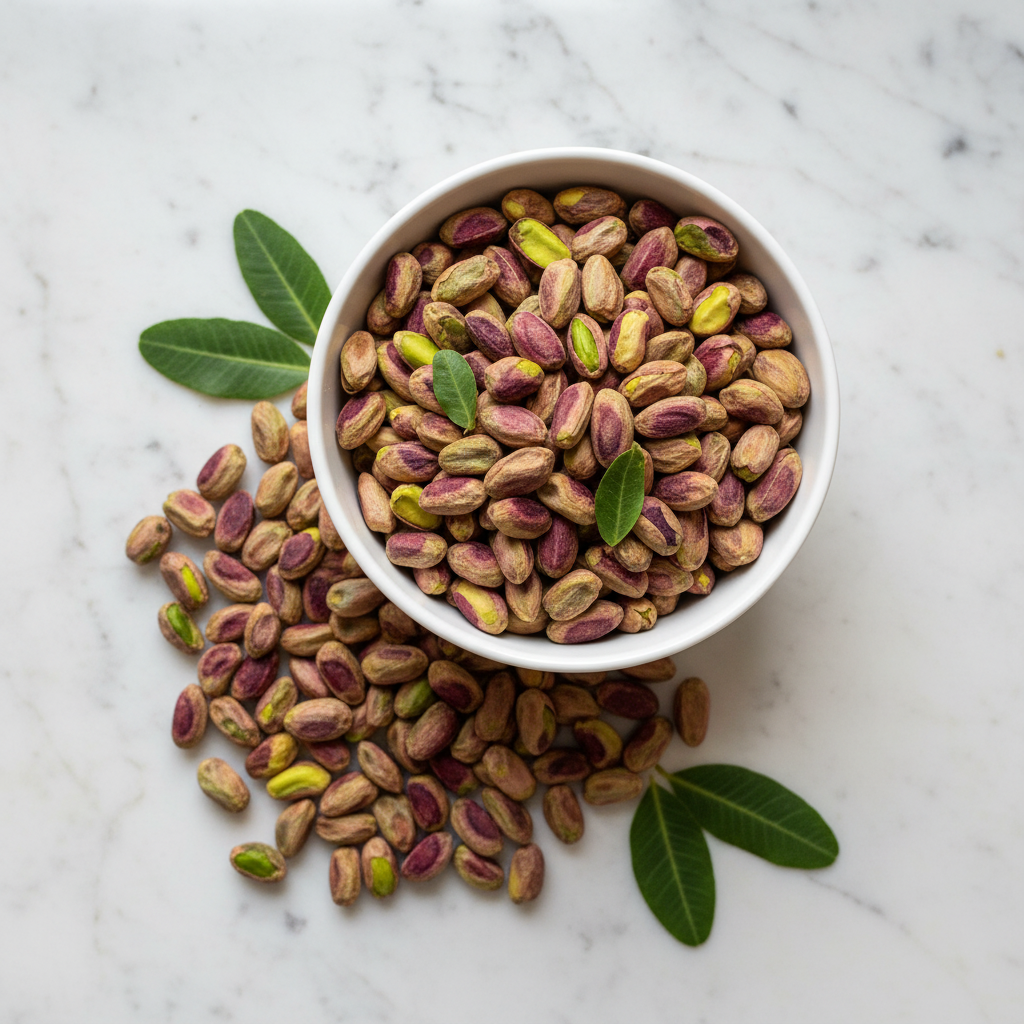 Pistacchi sgusciati siciliani in ciotola bianca su marmo