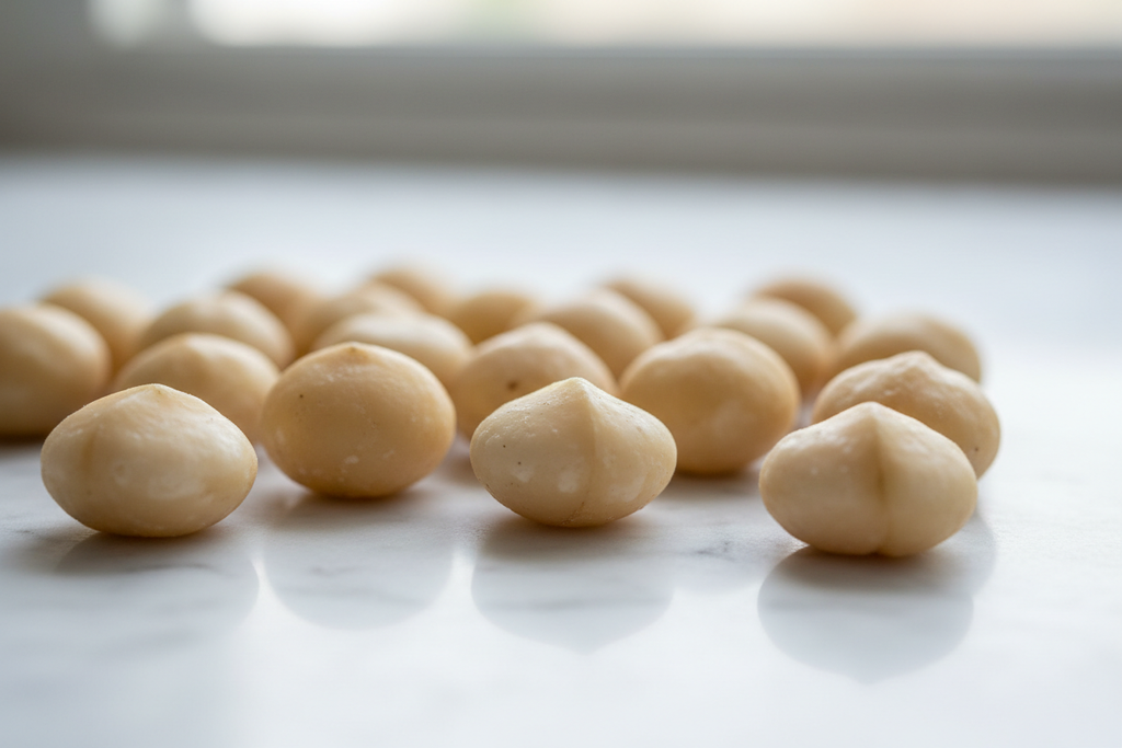 Noci macadamia sgusciate su marmo bianco
