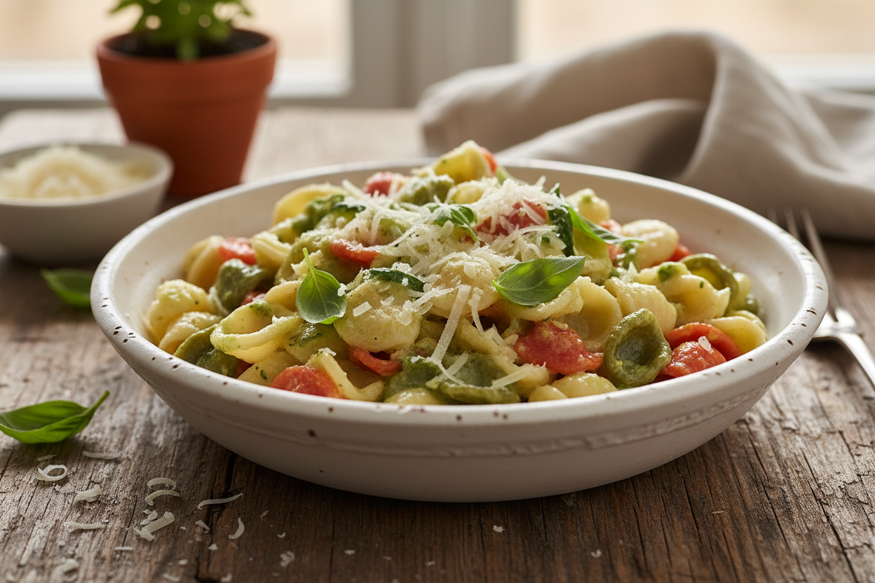 Orecchiette tricolore in piatto con crema di zucchine