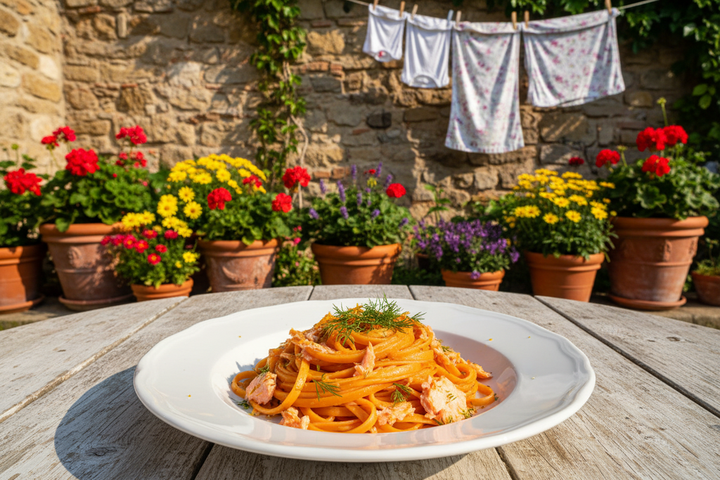 Linguine all'arancia con salmone - giardino con panni stesi