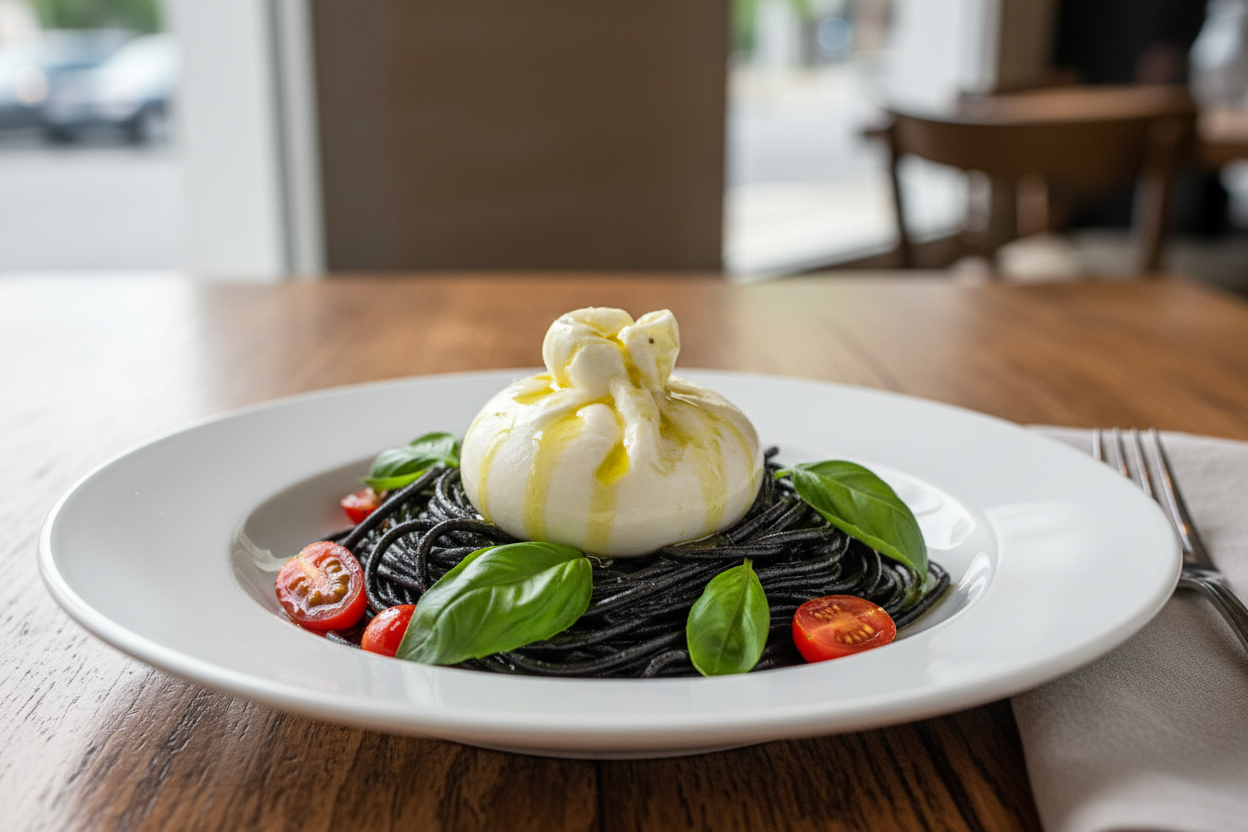 Spaghetti nero di seppia con burrata